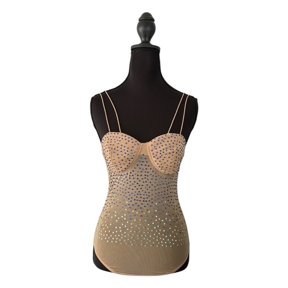 Haute Monde Tops - Haute Monde Rhinestone Thong Body Suite Womens Medium Nude Swiftie Festival Rave